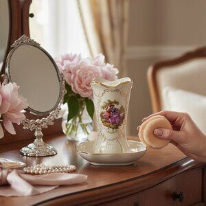 VTG Japan Victorian Hatpin snd Flower Frog Holder White and Gold Vanity Decor